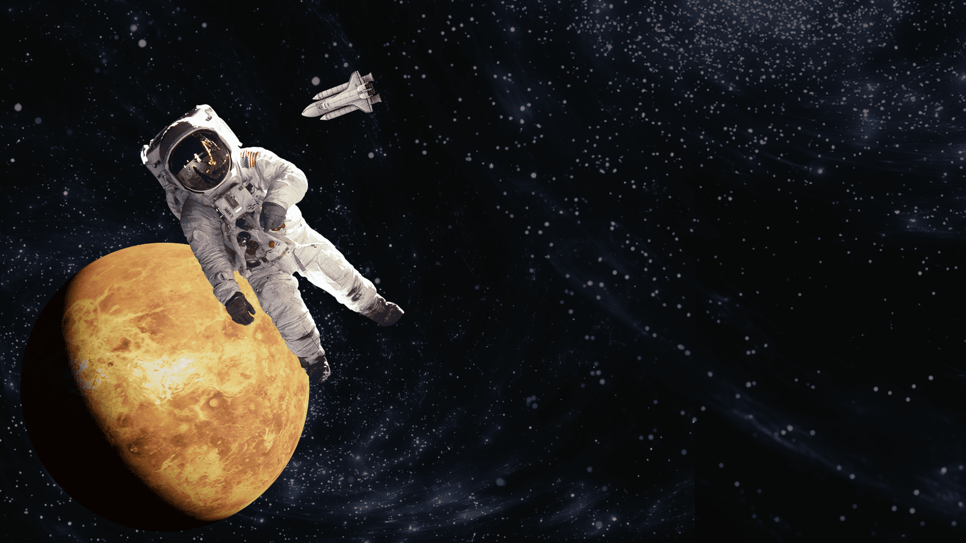 An astronaut drifting above an orange planet with a shuttle nearby