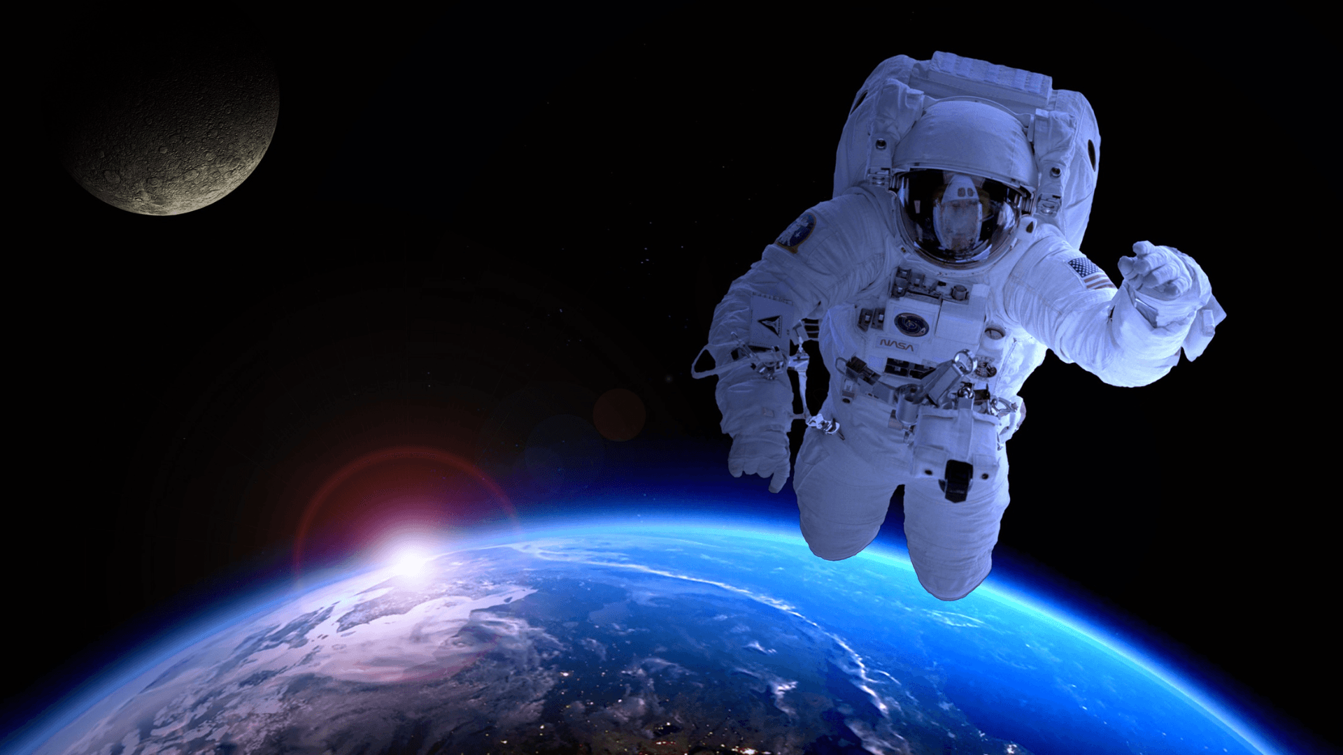 An astronaut floating above Earth at sunrise with the Moon behind