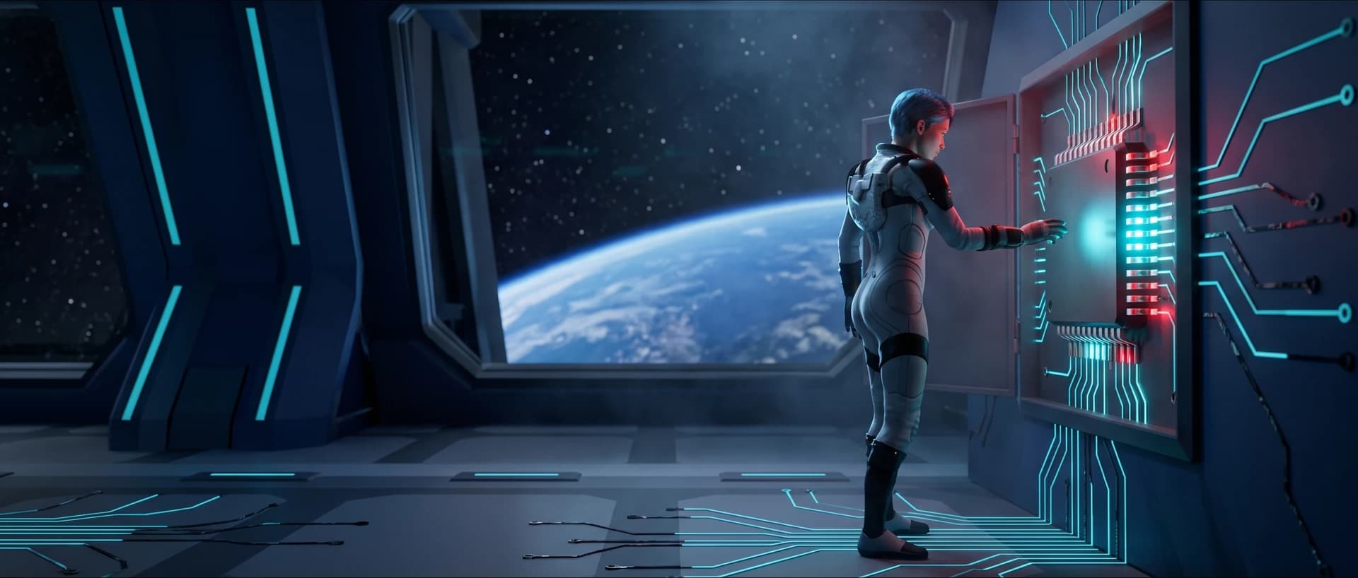 An astronaut opening a glowing circuit panel beside a window onto Earth