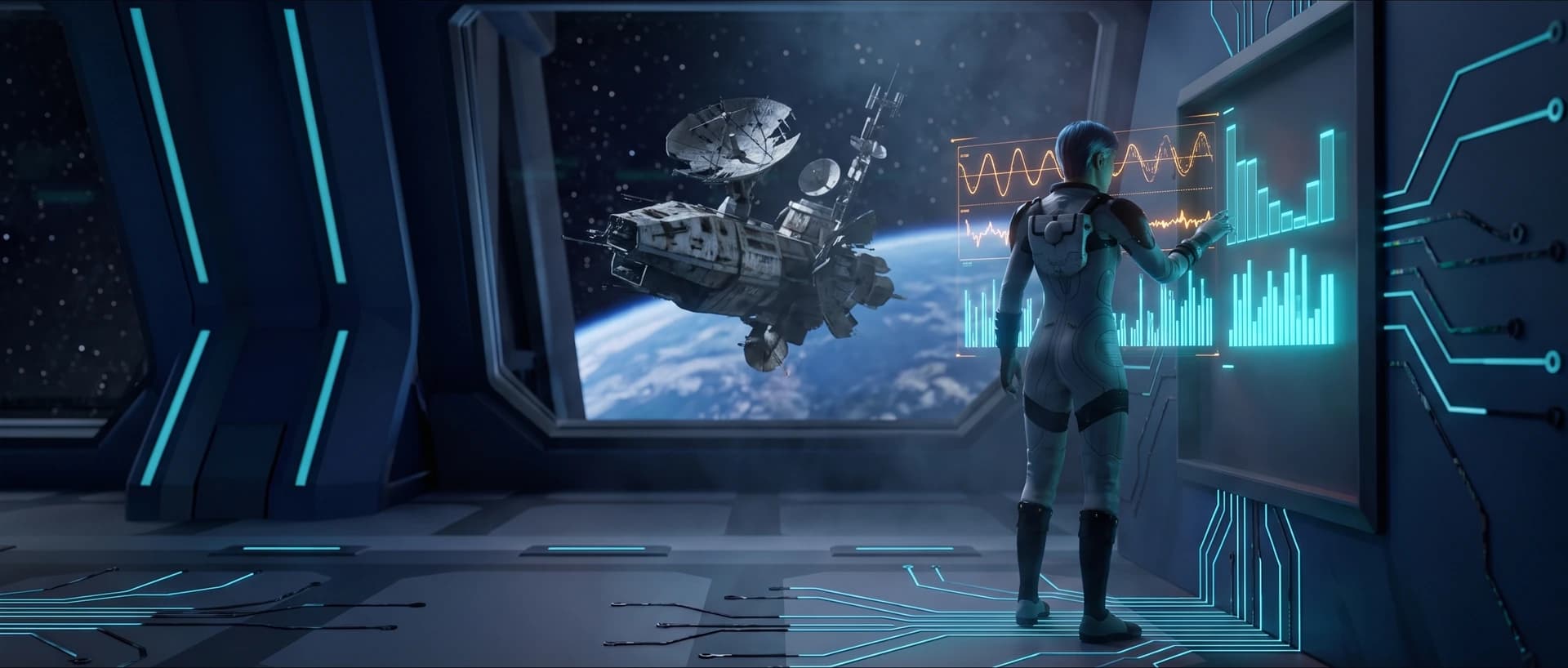 An astronaut reading holographic signal graphs as a satellite drifts past