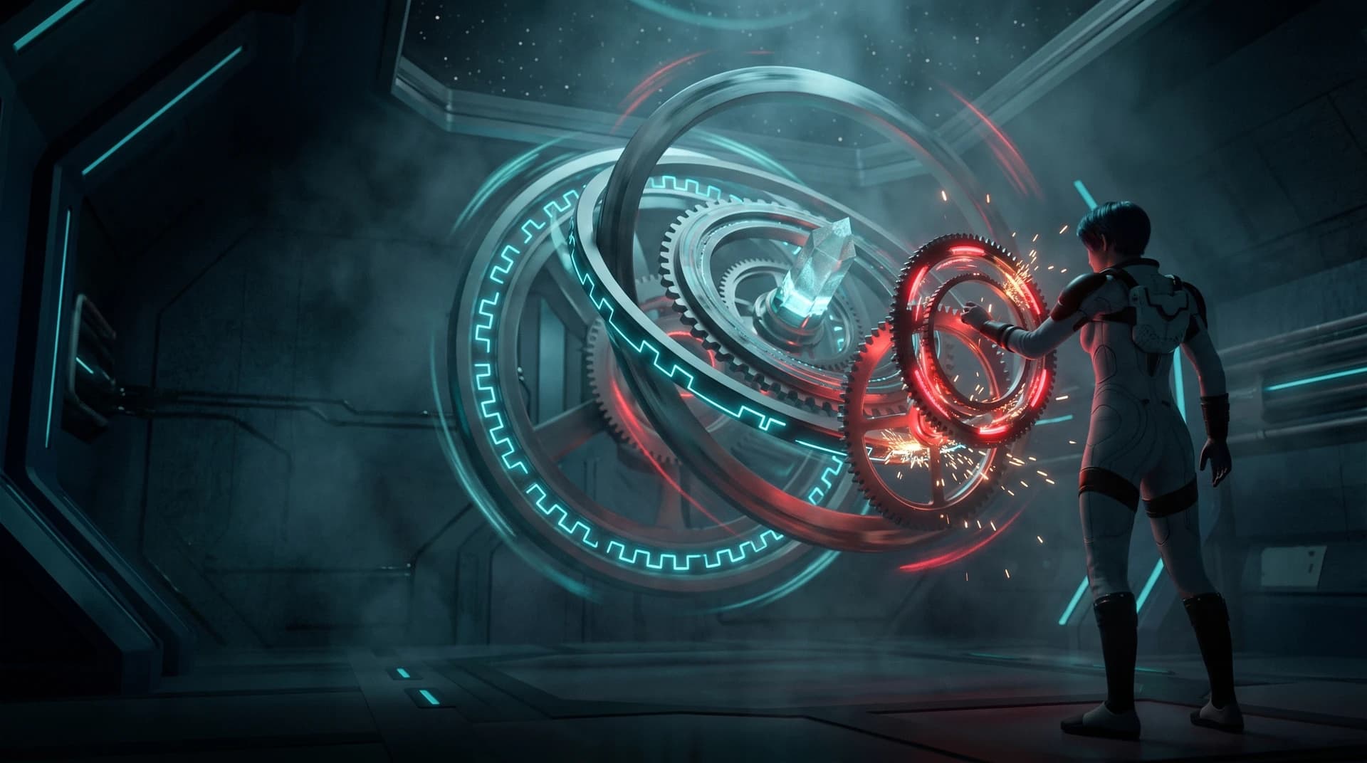 An astronaut grabbing a spinning ring of glowing gears