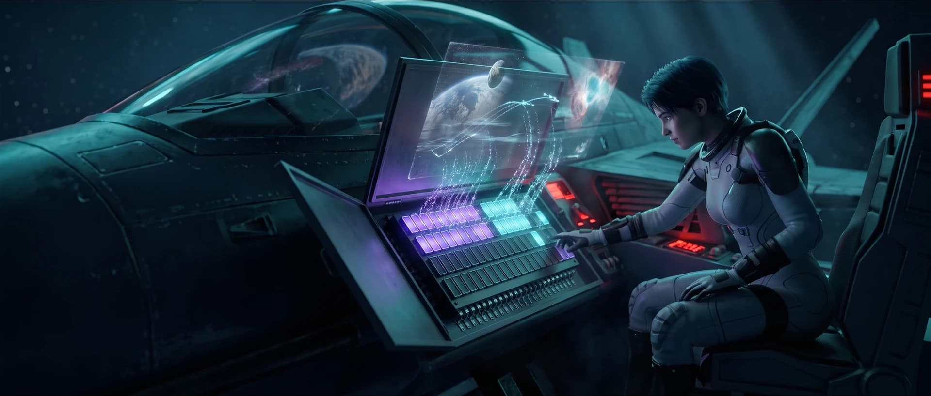 An astronaut at a holographic cockpit console