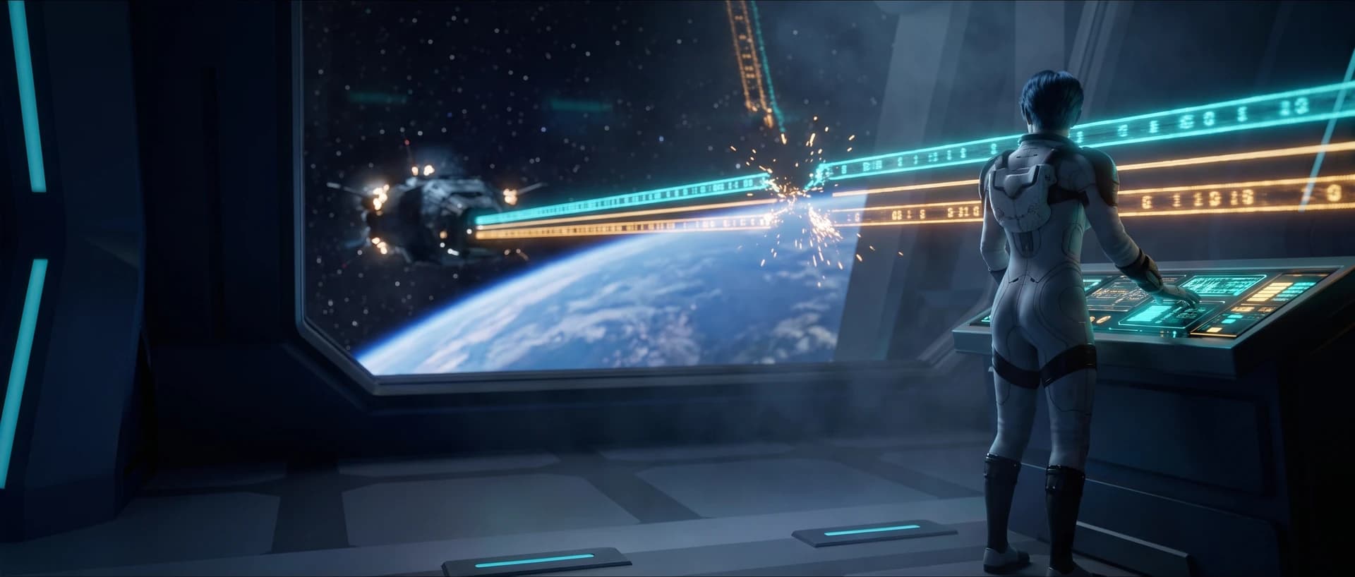 An astronaut at a console as data beams link the ship to another spacecraft