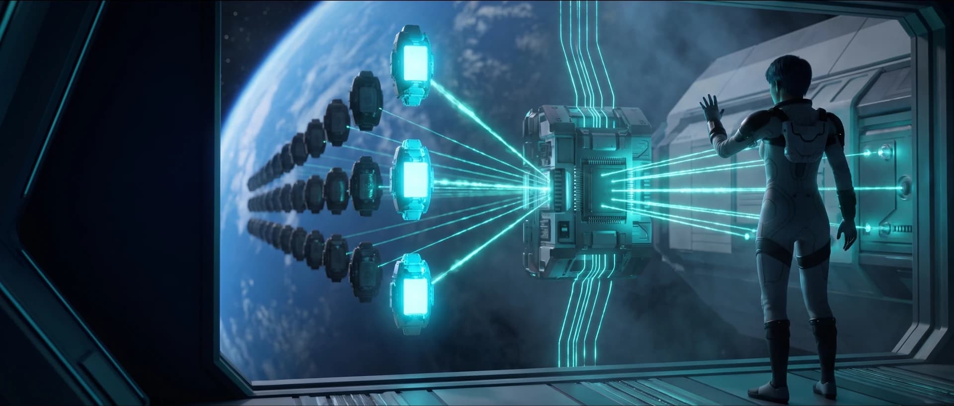 An astronaut beside a chip sending data beams to a row of modules above Earth