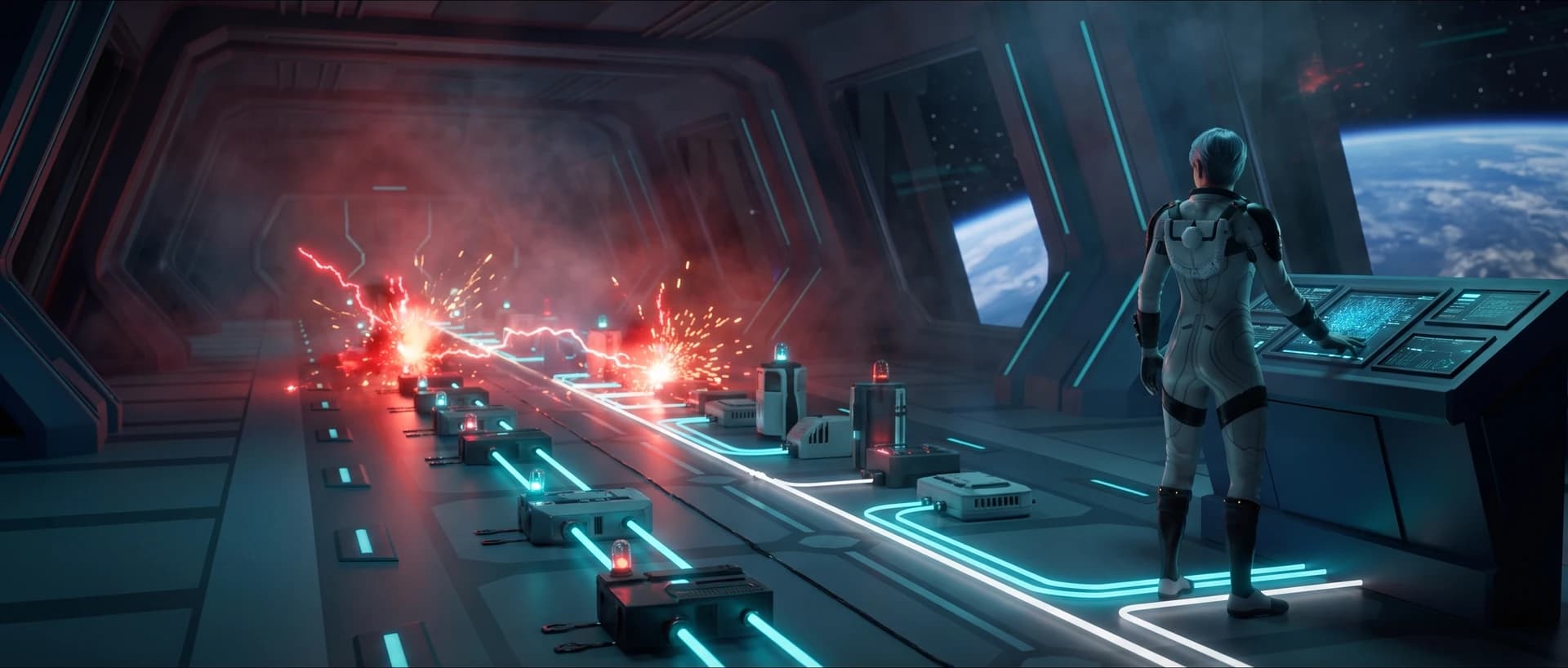 An astronaut at a console as sparks fly from a damaged circuit corridor